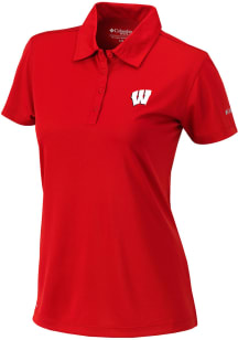 Womens Wisconsin Badgers Red Columbia Heat Seal Birdie Polo Short Sleeve Polo Shirt