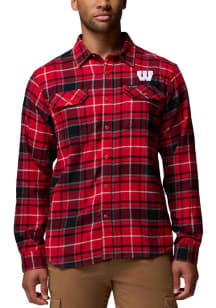 Mens Wisconsin Badgers Red Columbia Plaid Flare Gun Long Sleeve Dress Shirt