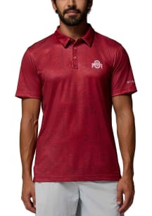 Mens Ohio State Buckeyes Red Columbia Super Terminal Stripe Short Sleeve Polo Shirt