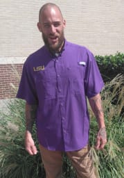 Columbia LSU Tigers Mens Purple Tamiami Short Sleeve Dress Shirt