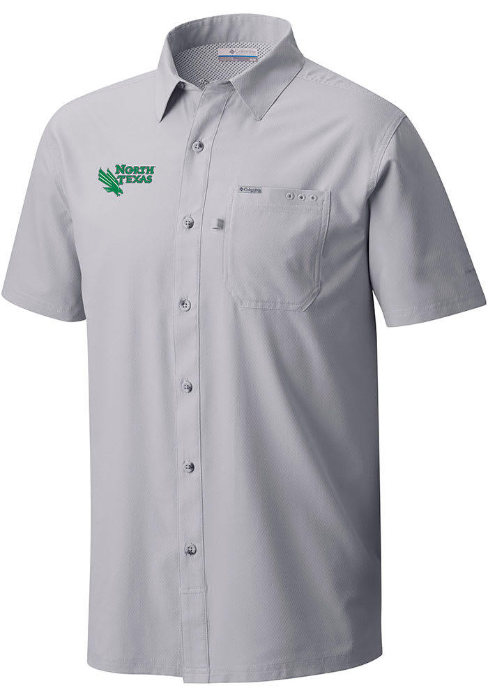 Columbia North Texas Mean Green Mens Grey Slack Tide Camp Shirt Short Sleeve Dress Shirt