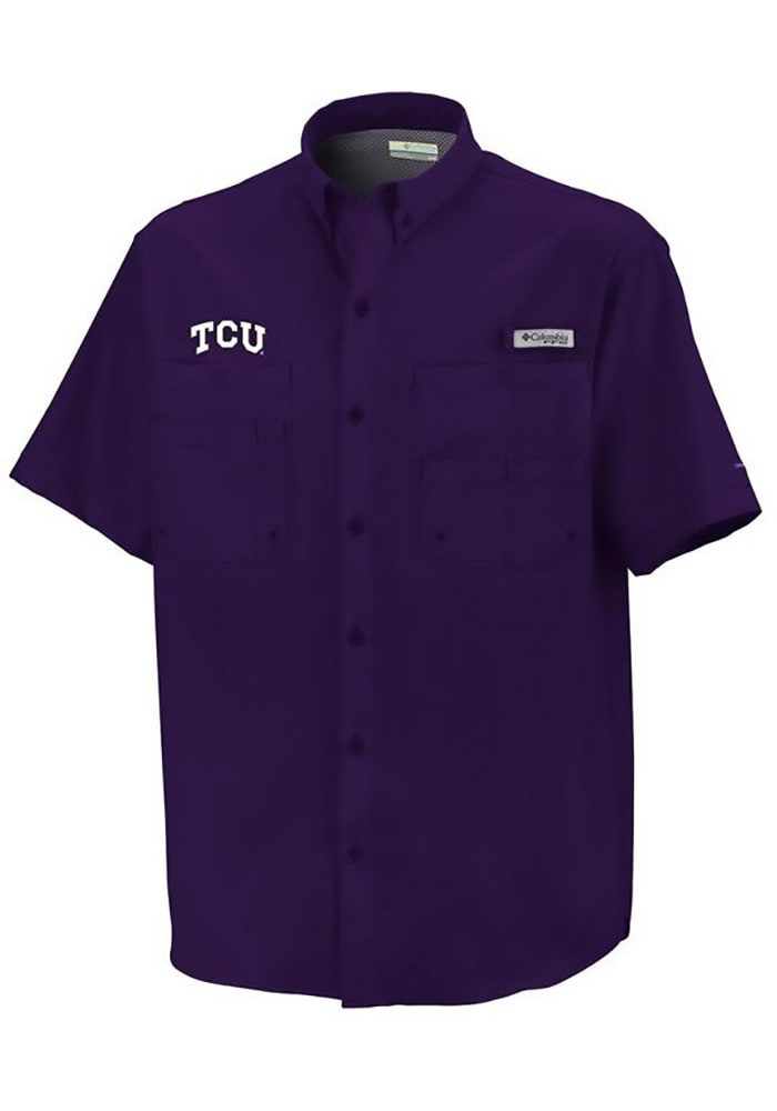 Columbia TCU Horned Frogs Mens Purple Tamiami Short Sleeve Dress Shirt