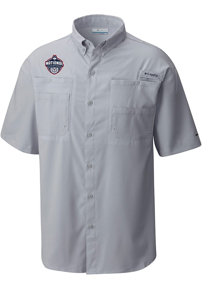 UConn Huskies Columbia Short Sleeve Heat Seal 2023 Basketball National  Champions Tamiami Button Down Shirt - Grey