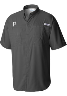 Columbia Pittsburgh Pirates Mens Charcoal Tamiami Short Sleeve Dress Shirt