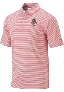 Mens Wisconsin Badgers Pink Columbia Invite Stripe Short Sleeve Polo Shirt