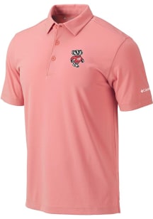 Mens Wisconsin Badgers Pink Columbia Drive Short Sleeve Polo Shirt