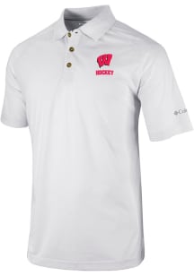 Mens Wisconsin Badgers White Columbia Drive II Short Sleeve Polo Shirt