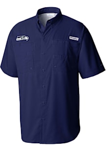 Columbia Seattle Seahawks Mens Navy Blue Heat Seal Tamiami Short Sleeve Dress Shirt