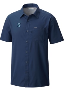 Columbia Seattle Kraken Mens Navy Blue Heat Seal Slack Tide Camp Short Sleeve Dress Shirt