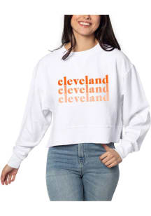 Cleveland Womens White Corded Boxy Pullover Crew Sweatshirt