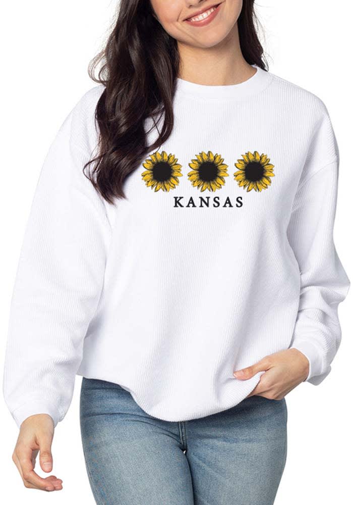 Kansas Womens White Corded Crew Crew Sweatshirt