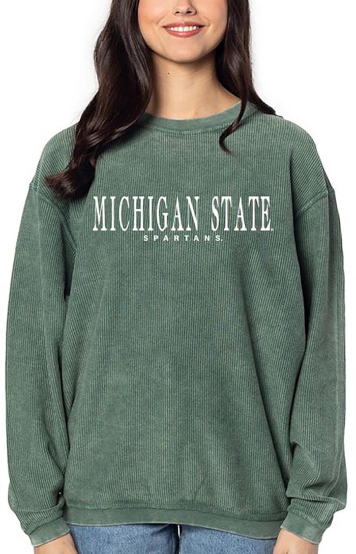 MSU Spartans Womens Green Corded Long Sleeve Crew Sweatshirt