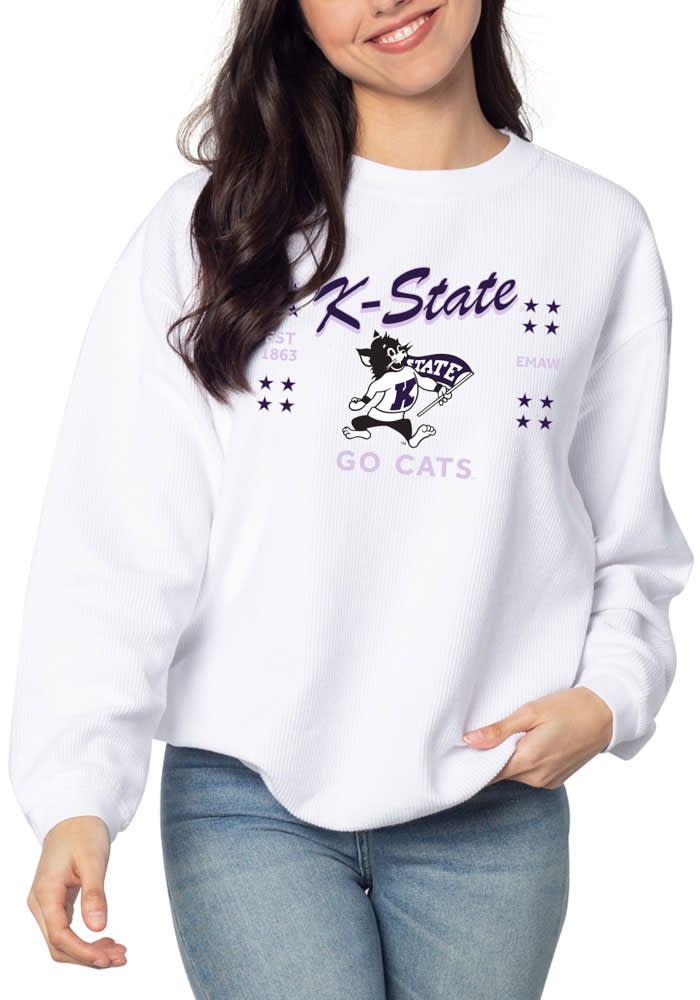 Womens White K-State Wildcats Corded Willie Long Sleeve Crew