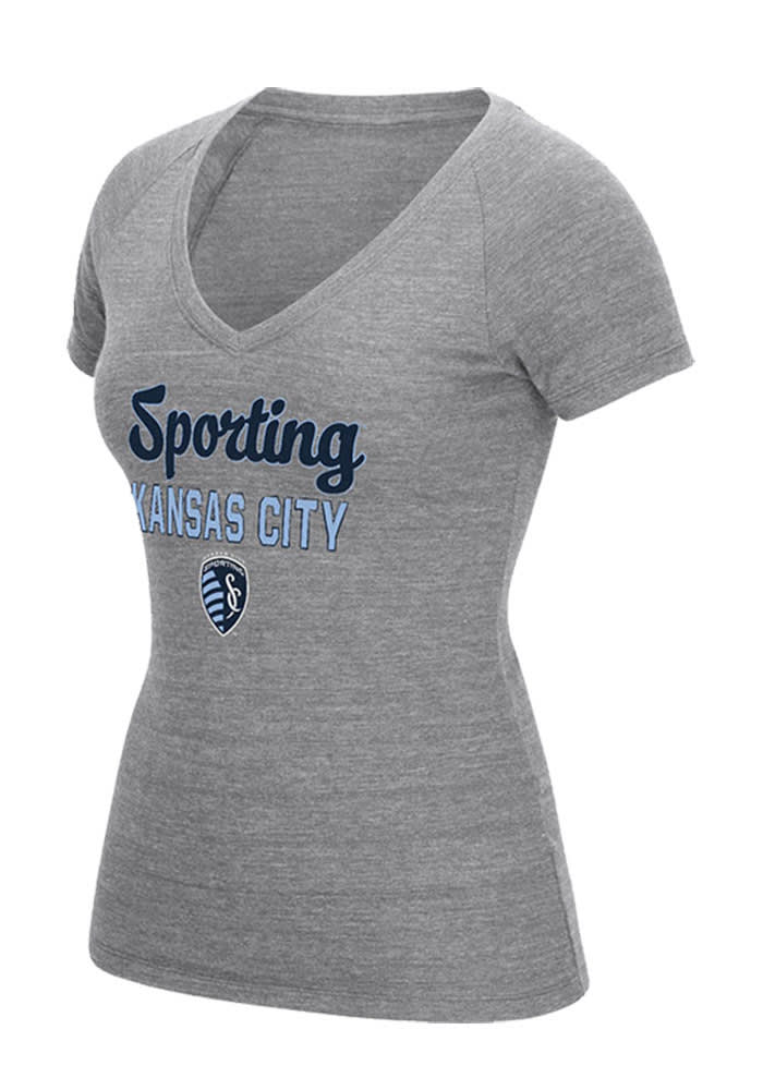 Adidas Sporting Kansas City Womens Grey Script Scratch Outline V-Neck T-Shirt