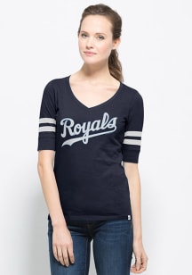 '47 Kansas City Royals Womens Navy Blue Flanker Stripe V-Neck T-Shirt