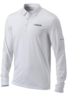 Columbia Miami Hurricanes Mens White Heat Seal Omni Wick Pin High Long Sleeve Polo Shirt