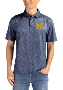 Mens Michigan Wolverines Blue Cutter and Buck Letterwinners M Club Pike Pebble Short Sleeve Polo S..