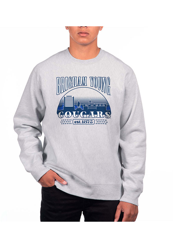BYU Cougars Mens Grey Heather Heavyweight Long Sleeve Crew Sweatshirt