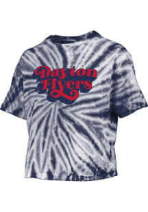 Pressbox Dayton Flyers Womens Navy Blue Tie Dye Campus Crop Short Sleeve T-Shirt