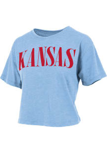 Pressbox Kansas Jayhawks Womens Light Blue Burnout Showtime Crop Short Sleeve T-Shirt