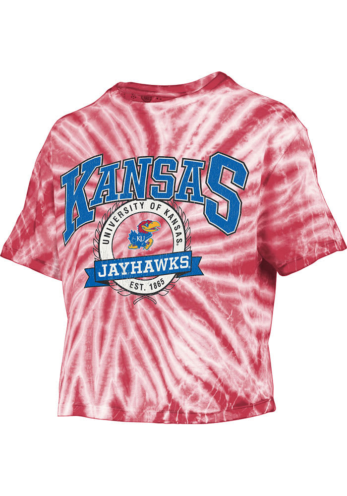 Kansas Jayhawks Womens Red Tie Dye Gibraltar Crop Short Sleeve T-Shirt