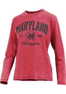 Womens Maryland Terrapins Red Pressbox Arch Script Design LS Tee