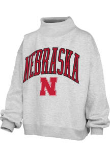 Womens Nebraska Cornhuskers Ash Pressbox Mockneck Crew Sweatshirt