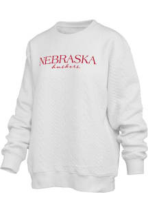 Womens Nebraska Cornhuskers Ivory Pressbox Champagne Brandberg Crew Sweatshirt