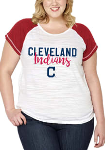 Cleveland Indians Womens White Raglan Primary Logo Short Sleeve Plus Tee