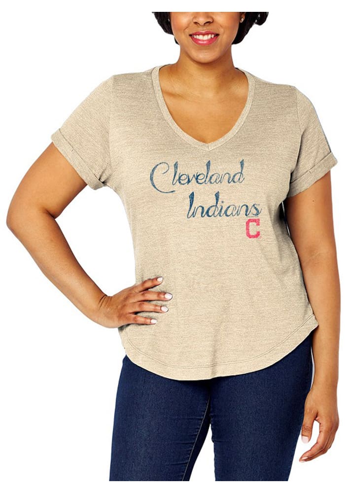 Women's Navy Cleveland Indians Pinstripe Logo V-Neck T-Shirt