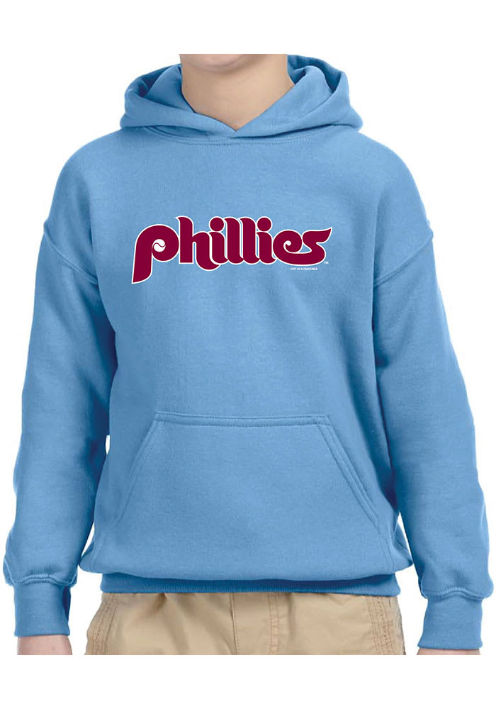 Soft As A Grape Inc. Philadelphia Phillies Youth Light Blue Cooperstown Wordmark Long Sleeve Hoodie, Light Blue, Cotton/Poly Blend, Size M, Rally House
