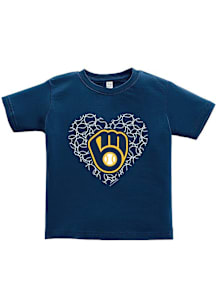 Milwaukee Brewers Toddler Girls Navy Blue Baseball Heart Short Sleeve T-Shirt