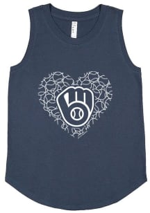 Milwaukee Brewers Girls Navy Blue Baseball Heart Short Sleeve Tank Top