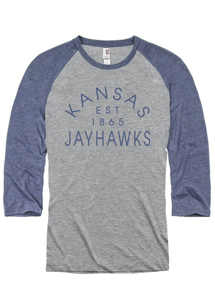 Kansas Jayhawks Grey Baseball Raglan Long Sleeve Fashion T Shirt