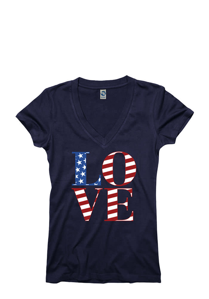 Americana Womens Navy Blue Love Flag Short Sleeve T Shirt