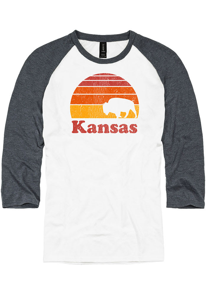 Kansas White Sunset Buffalo Raglan ¾ Sleeve T Shirt