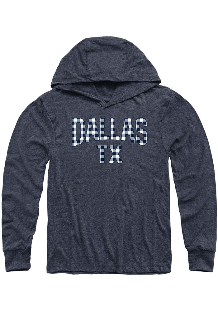 Dallas Vintage Navy Plaid Wordmark Long Sleeve T-Shirt Hood