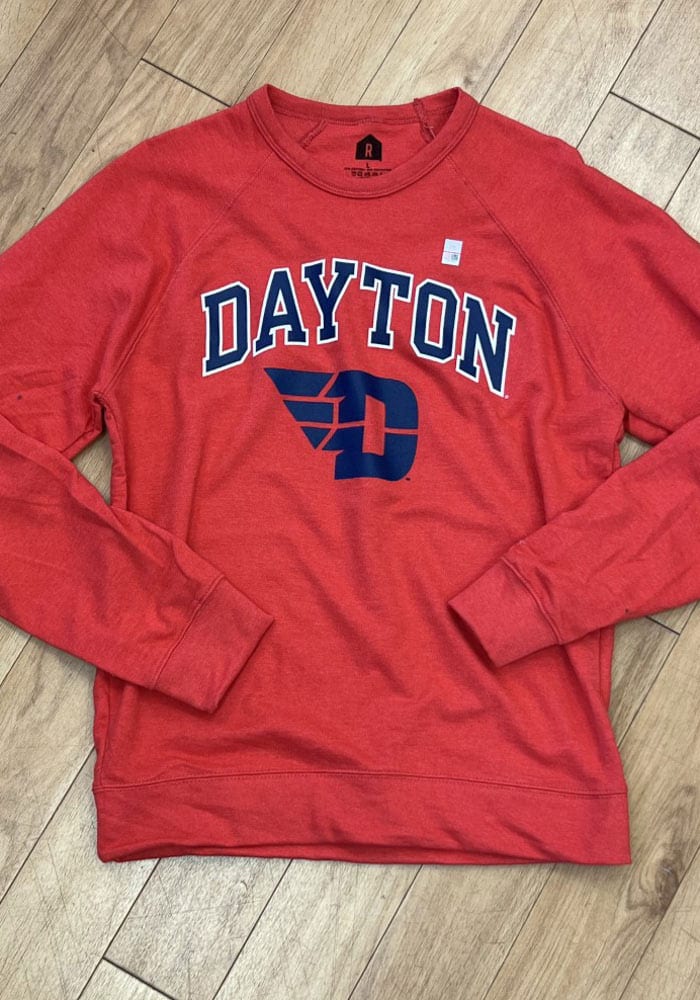 Rally Dayton Flyers Mens Red French Terry Arch Mascot Long Sleeve Crew Sweatshirt