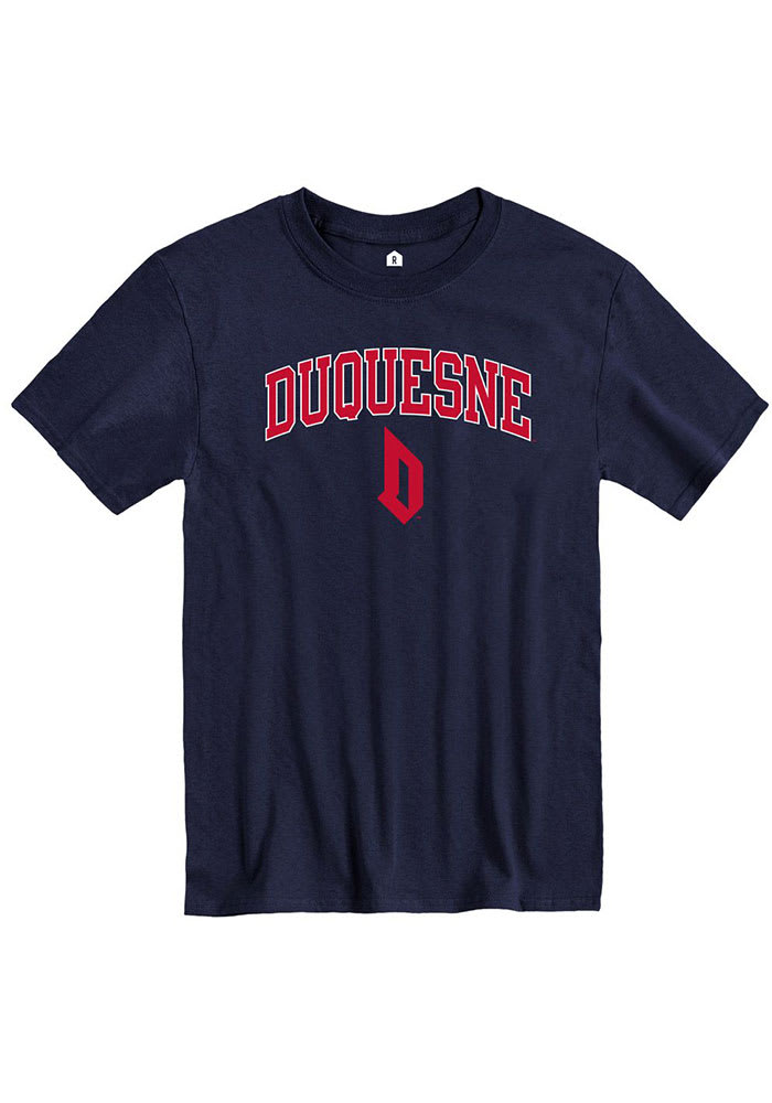 Rally Duquesne Dukes Navy Blue Arch Mascot Short Sleeve T Shirt