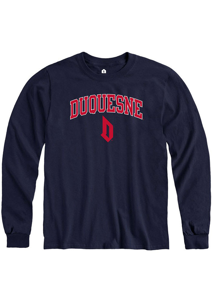 Rally Duquesne Dukes Navy Blue Arch Mascot Long Sleeve T Shirt