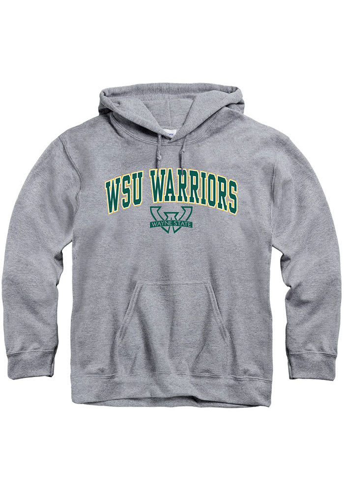Wayne State Warriors Mens Grey Arch Mascot Long Sleeve Hoodie