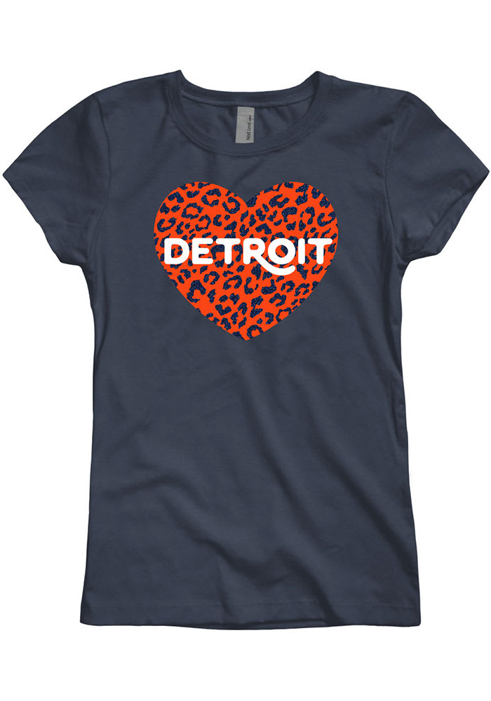 Detroit Girls Glitter Orange Cheetah Heart Navy Blue Short Sleeve Tee