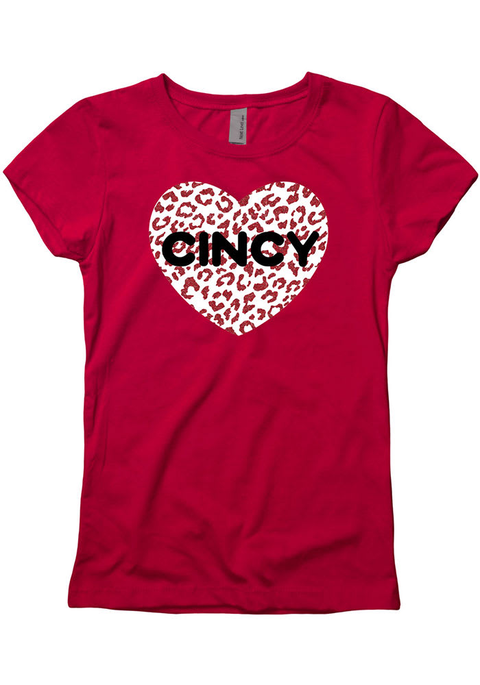 Cincinnati Girls Glitter Cheetah Heart Red Short Sleeve Tee