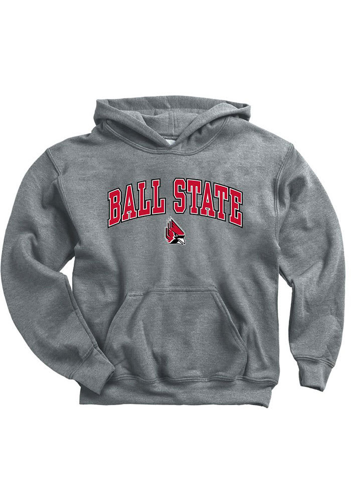 Ball State Cardinals Youth Grey Arch Mascot Long Sleeve Hoodie