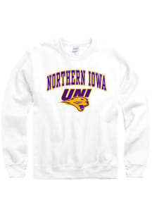 Northern Iowa Panthers Mens White Arch Mascot Long Sleeve Crew Sweatshirt