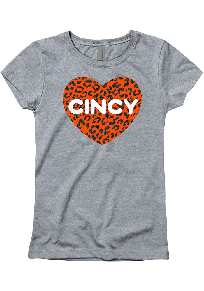 Cincinnati Girls Glitter Orange Cheetah Heart Grey Short Sleeve Tee