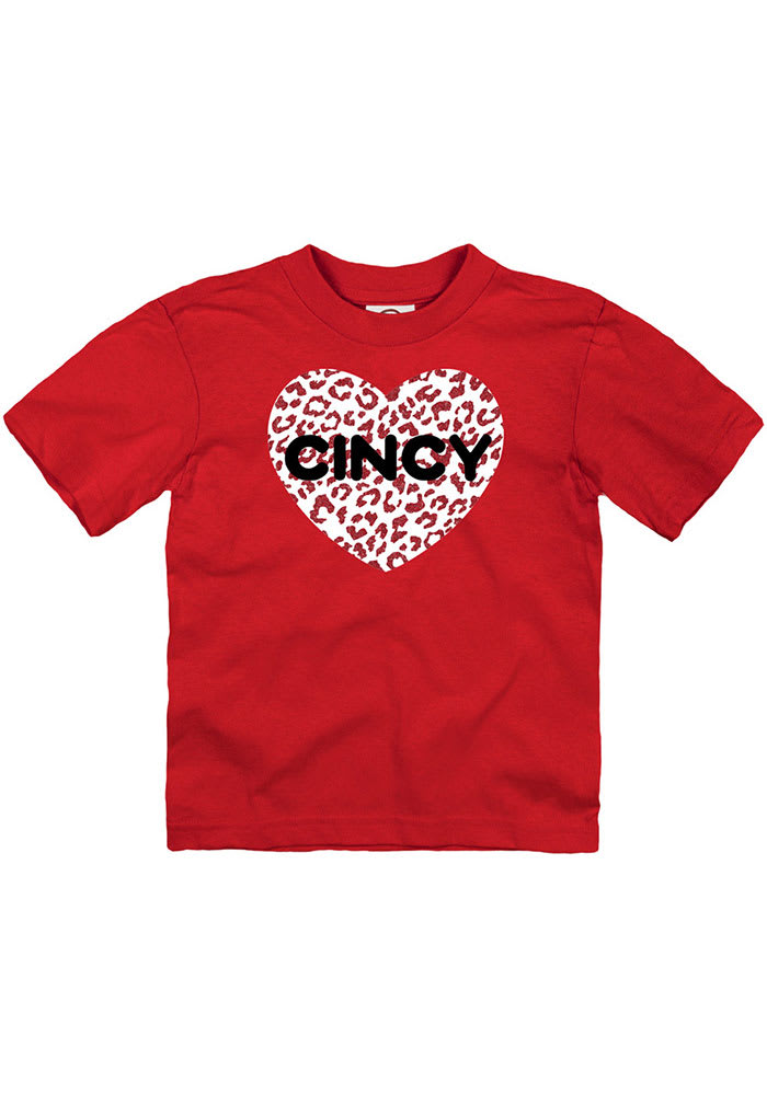 Cincinnati Toddler Girls Red Cheetah Heart Short Sleeve T Shirt