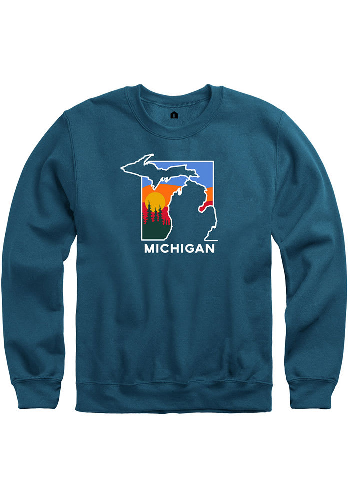 Michigan Mens Teal Color Block State Shape Long Sleeve Crew Sweatshirt