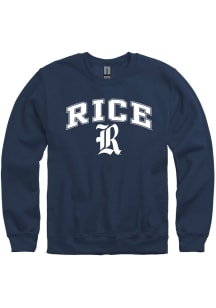 Rice Owls Mens Navy Blue Arch Mascot Long Sleeve Crew Sweatshirt