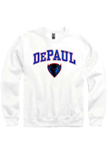 DePaul Blue Demons Mens White Arch Mascot Long Sleeve Crew Sweatshirt